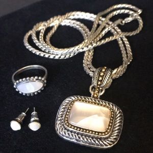 Jewelry set Necklace Ring & Earrings with white stones, Good pre-owned condition